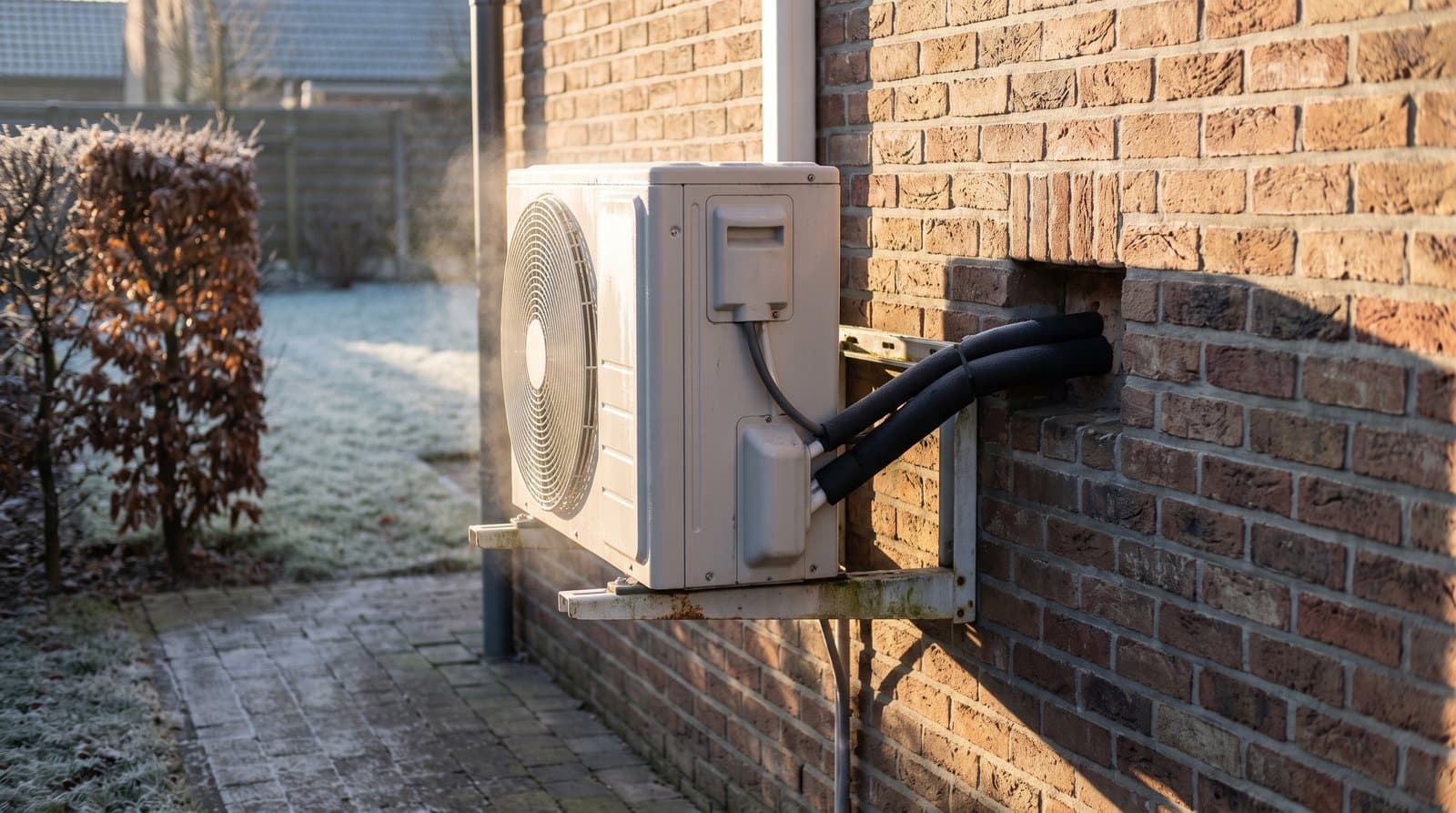Buitenunit van een airco op een vriesochtend