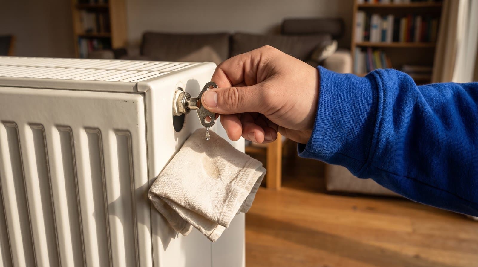 Een radiator wordt ontlucht met de ontluchtingssleutel