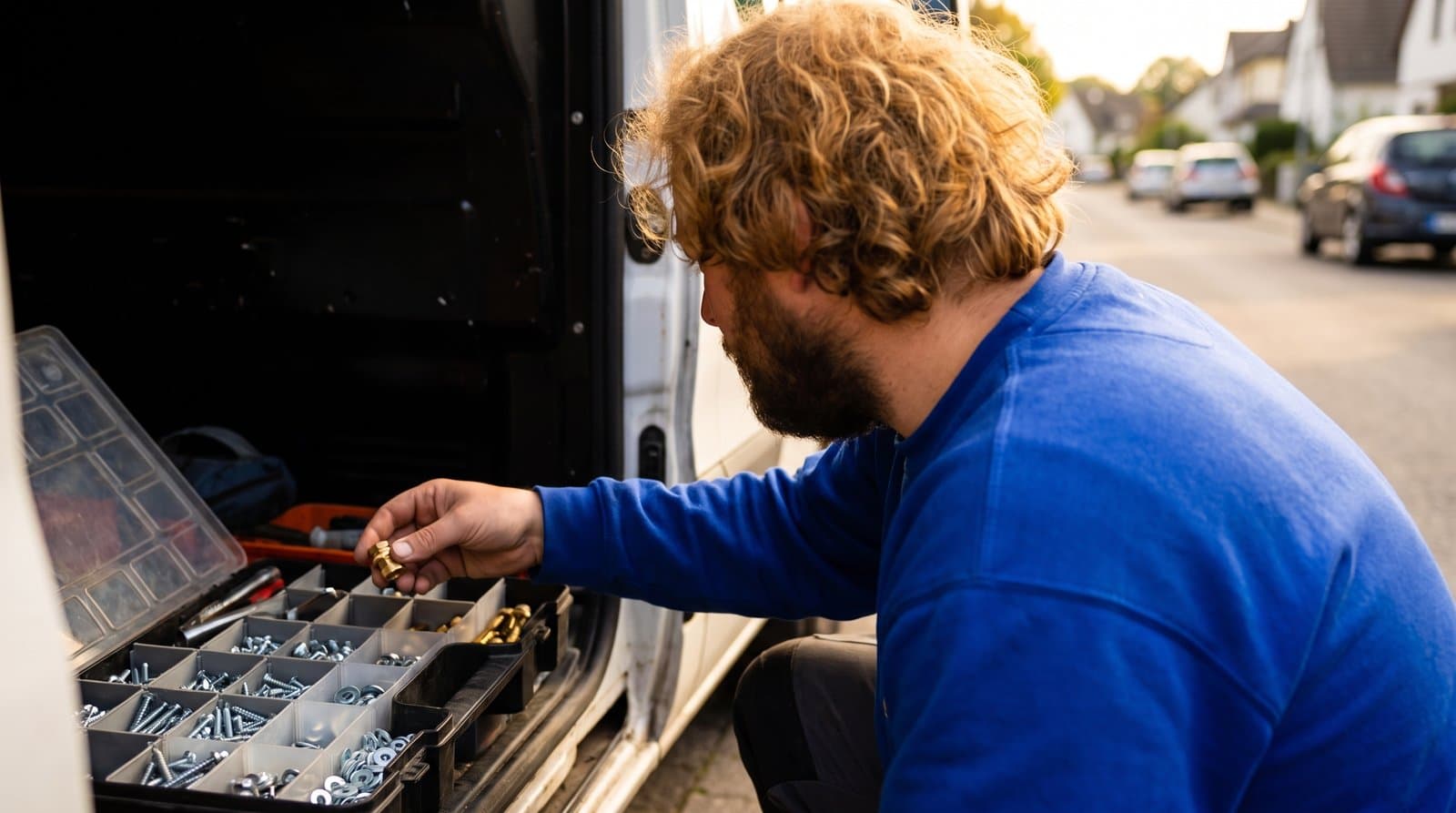 Het juiste wisselstuk wordt uit de camionette gehaald