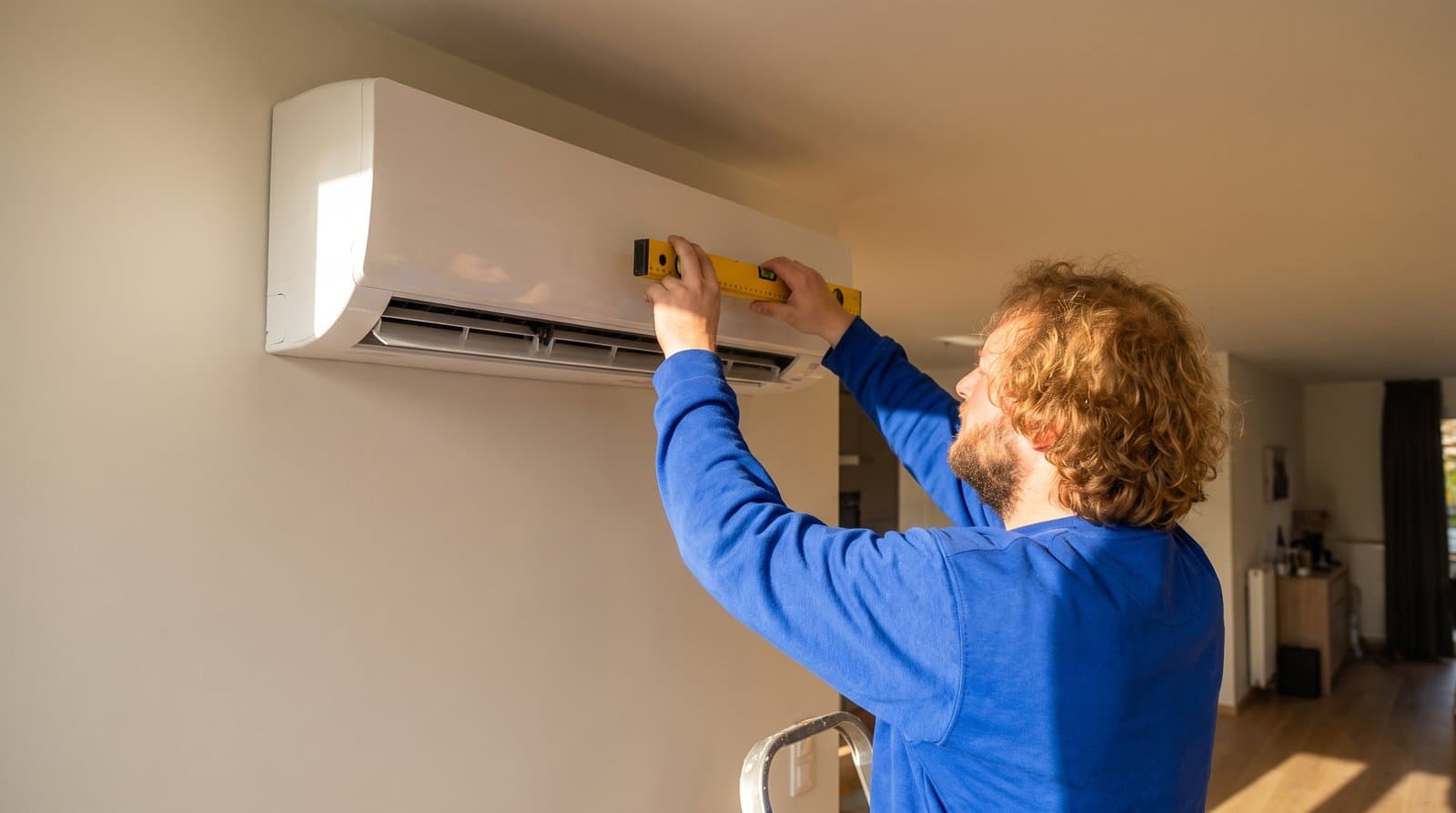 Onze technicus hangt een airco binnenunit waterpas op