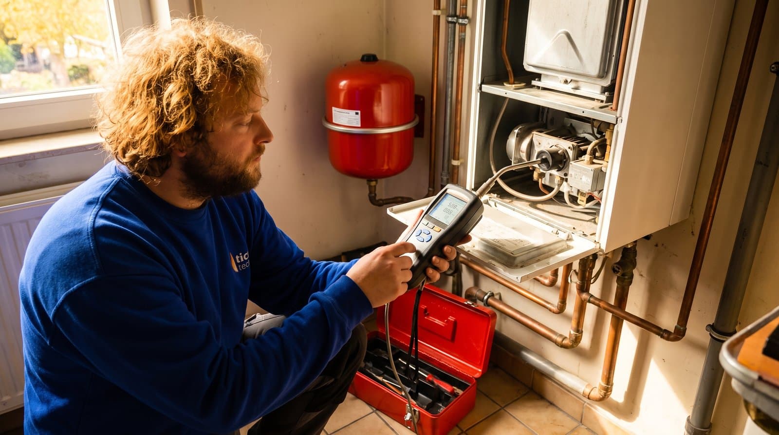 Onze technicus meet een cv-ketel door met de rookgasanalyser