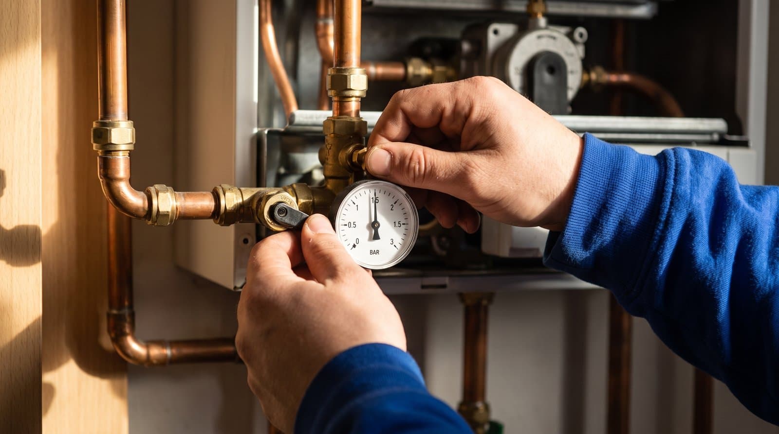 De manometer van een cv-ketel op anderhalve bar