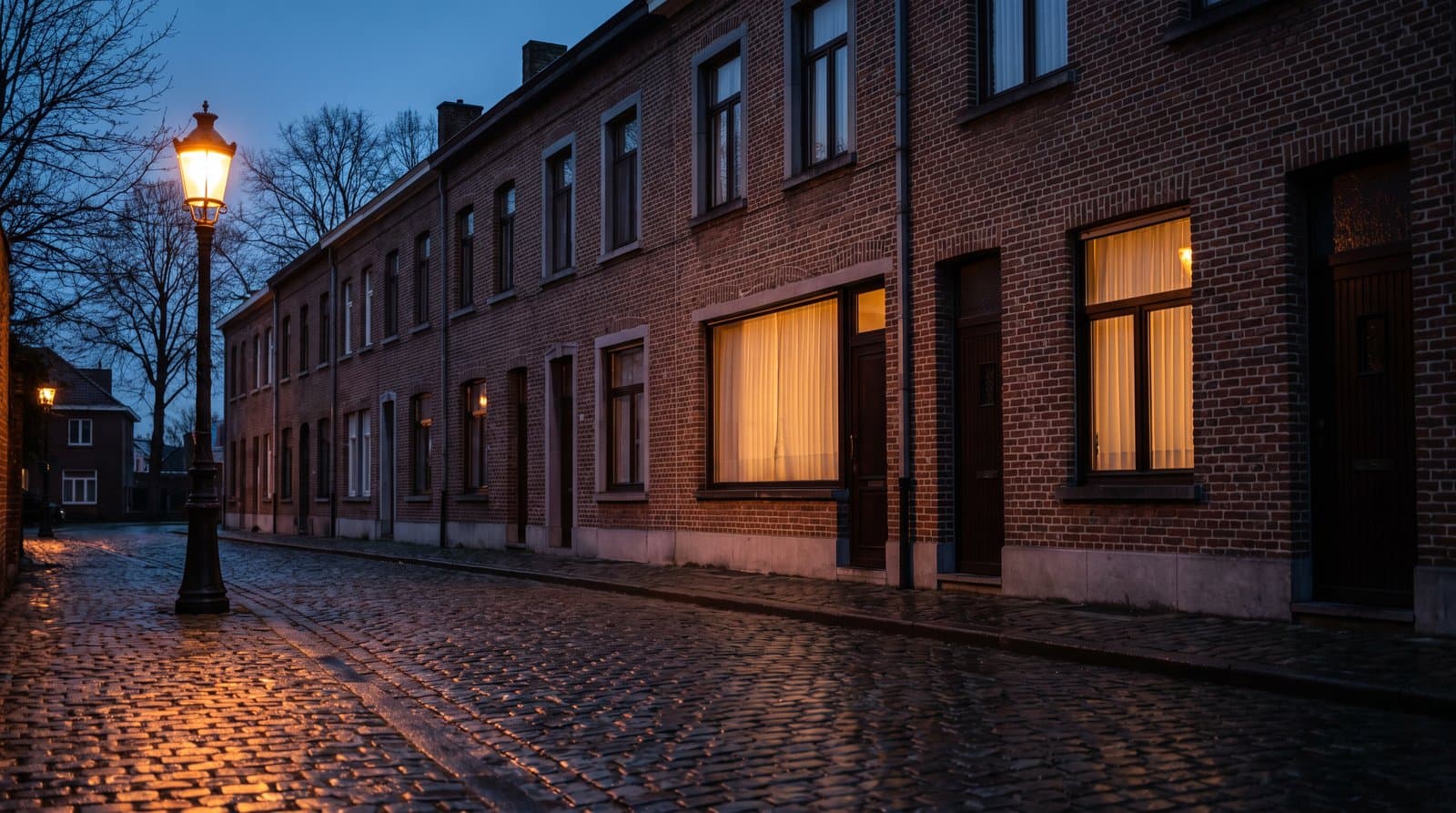Verlichte ramen in een Vlaamse straat bij valavond