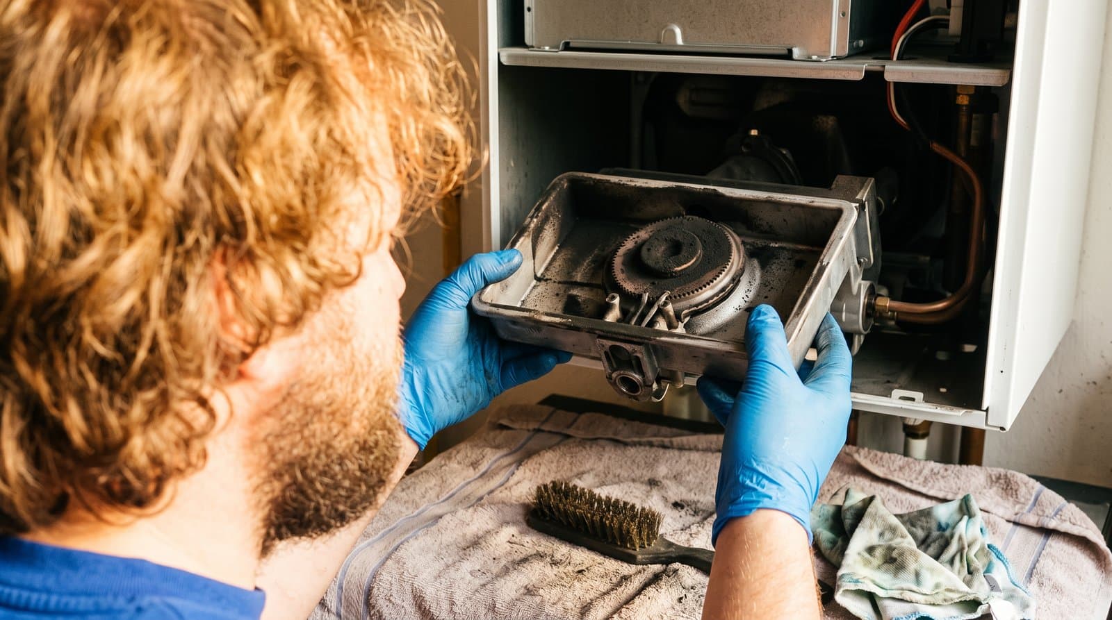 De brander wordt uit de ketel gehaald om hem te reinigen