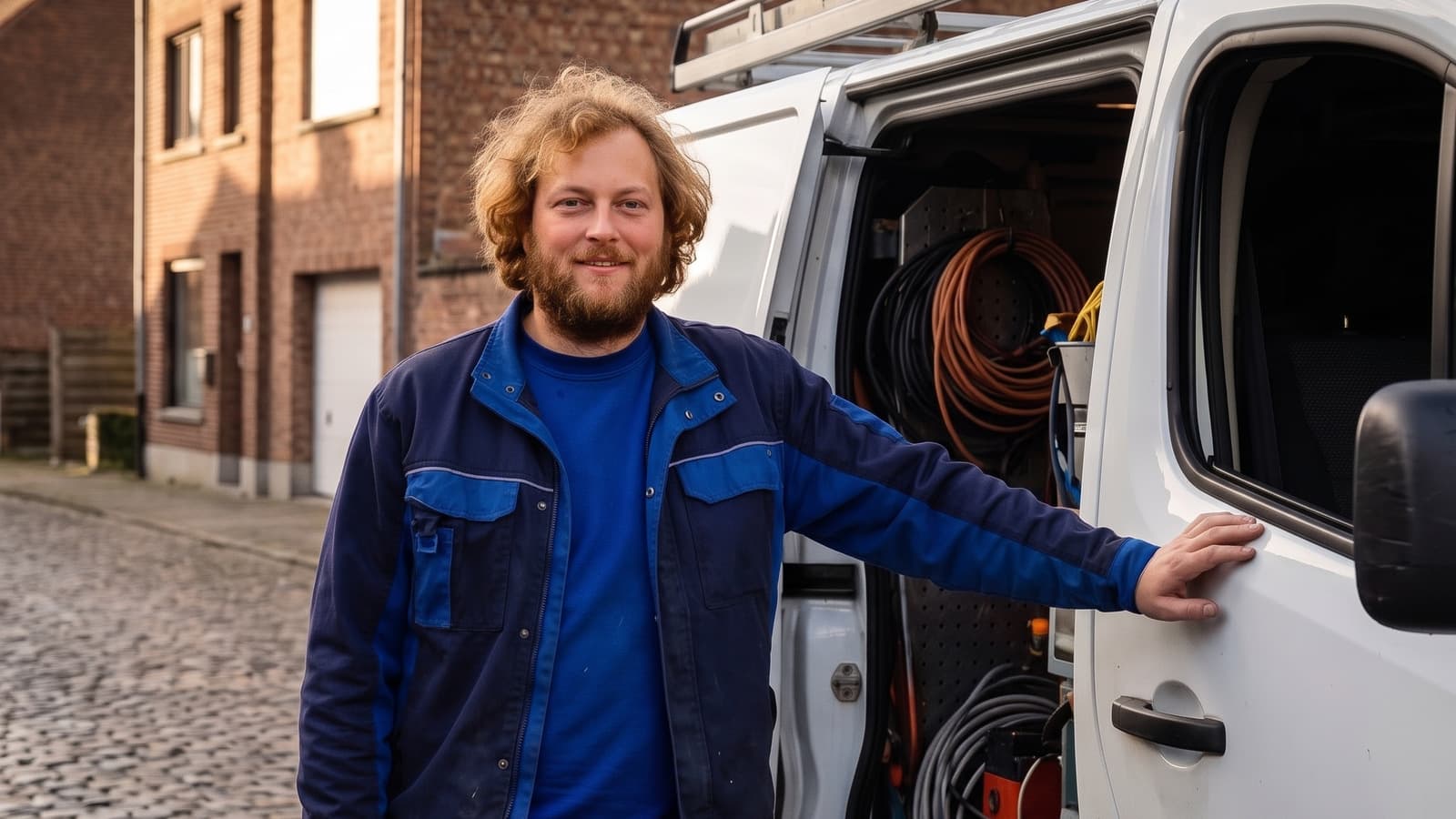 Bij de open zijdeur van de camionette in een Gentse straat